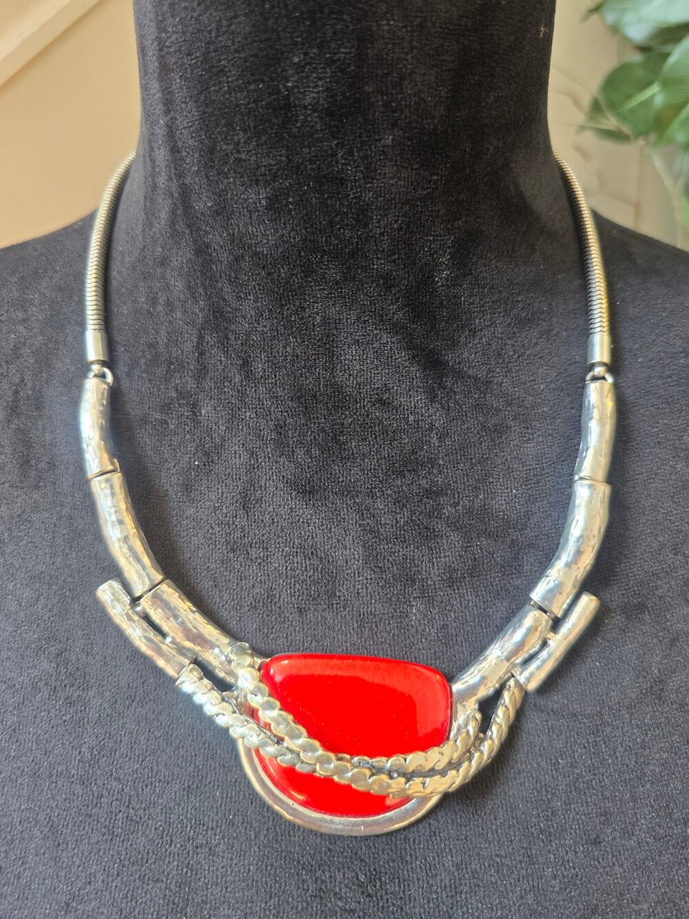 Silver Tone Red Enamel Rhinestone Modern Statement Necklace Abstract Design